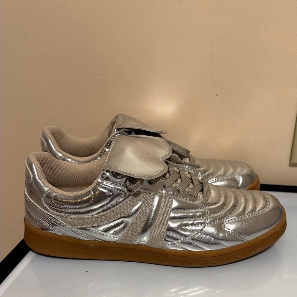 Steve Madden Metallic Silver Sneakers with Tan Accents